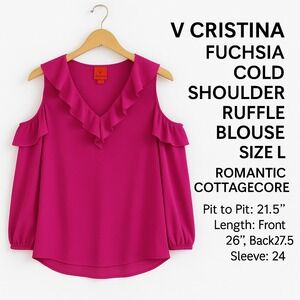 V Cristina Woman's Blouse Size L Fuchsia Ruffle Blouse Romantic Barbie Feminine